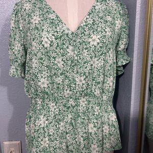 Green Floral V-Neck Smocked Peplum Blouse